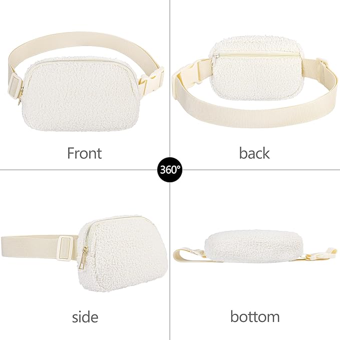 Fleece Fanny pack with Adjustable Strap for Women and Men Crossbody Bag Bum Bag, Waist Pack for Hiking Workout Sports Travel Beige