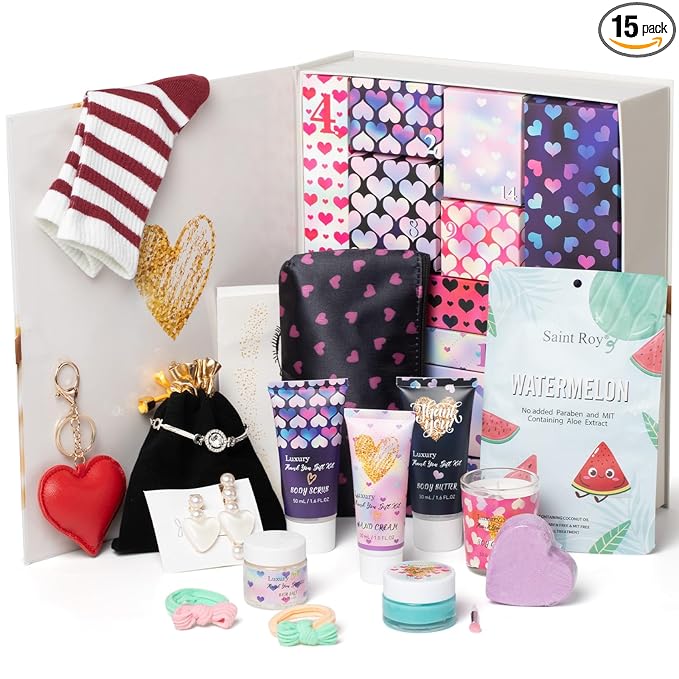 Valentines Bath and Body Advent Calendar, Wedding Gift of Thank you, Teen girls Happy Birthday Gifts for Women Mom -Luxury Spa advent calendar Spa Gifts for Women, Birthday Bridal Shower