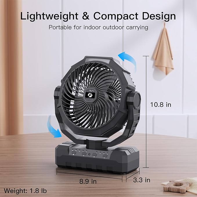 FRIZCOL 3-in-1 Camping Fan - Portable Fans Rechargeable - 48000mAh Battery Powered Fan with Light & Remote for Indoor, Outdoor, Tent, Travel, Fishing, Jobsite, Gifts for Men Dad Him - Black