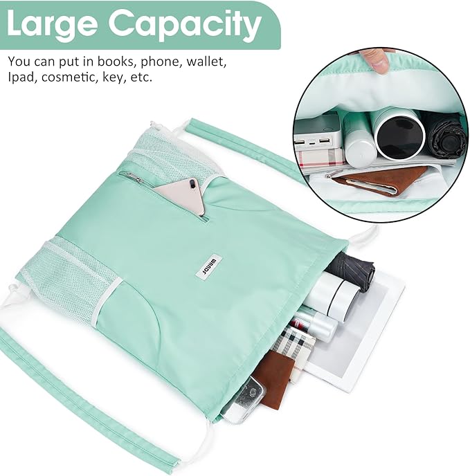 WANDF Drawstring Backpack with Shoulder Pad Sports Gym Backpack with Mesh Pocket String Bag for Women Men(Mint green)