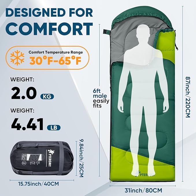 PTEROMY Sleeping Bags for Adults, Lightweight and Machine Washable, Water Resistant Backpacking Camping Sleeping Bag for Warm Cold Weather, Camping Essentials for Hiking Travel