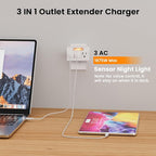3-Outlet Extender, 3-Prong Grounded Wall Tap Adapter with LED Guide Light, 1875W Multiple Plug Electrical Outlets Splitter for Home, Office, Hotel, Travel, Cruise Essentials, ETL Listed, White