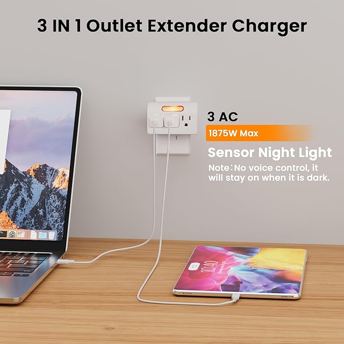 3-Outlet Extender, 3-Prong Grounded Wall Tap Adapter with LED Guide Light, 1875W Multiple Plug Electrical Outlets Splitter for Home, Office, Hotel, Travel, Cruise Essentials, ETL Listed, White