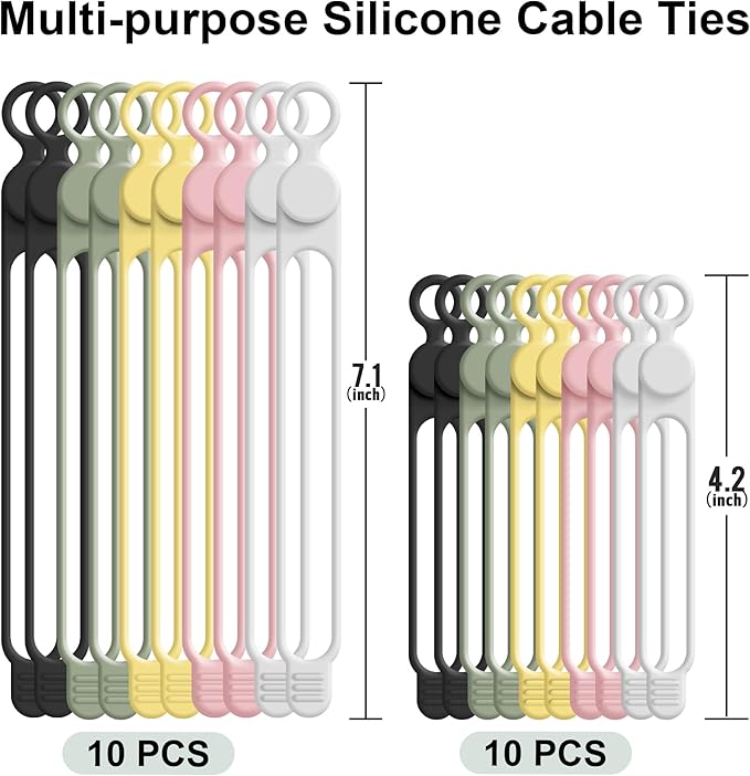 Silicone Cable Ties Cord Organizer for Cable Management, 20PCS 4.2" and 7.1" Reusable Cable Organizer Electronic Accessories for Home, Office, Kitchen, School, Travel (5 Colors)