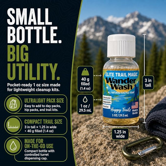 Elite Trail Magic- Wander Wash Biodegradable Castile Camp Soap – Ultralight 1 oz Concentrated Liquid Soap for Camping- Dish Wash Station-Travel & Backpacking – All Purpose, Unscented