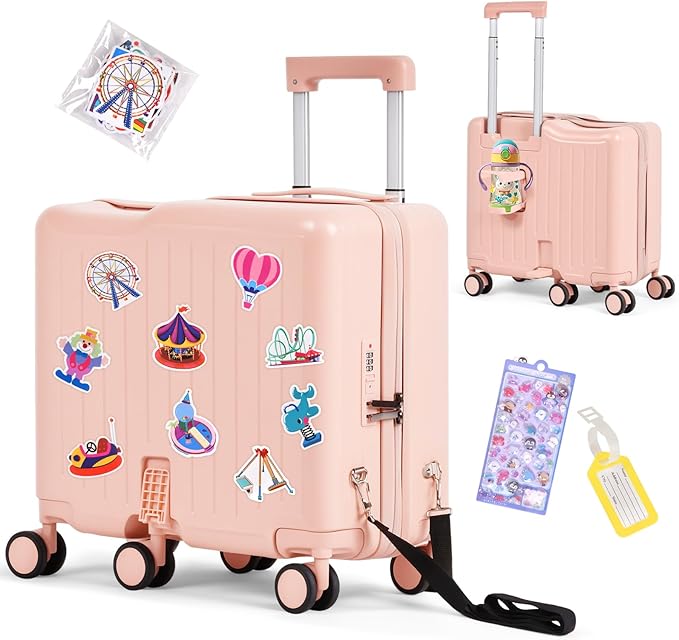 smilesun Kids Ride-On Luggage, 20" Hardshell Carry-On Suitcase with 6 Spinner Wheels, Foldable Pedal, Hidden Cup Holder & Combination Lock for Toddlers & Children (Light Pink, 20-inch)