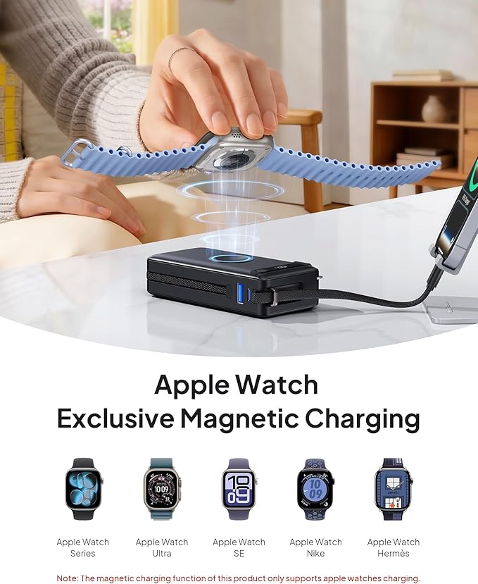 BREEKET Nano Power Bank, 10000mAh Portable Charger with Built-in Cables & Wall Plug, 5 Outputs 22.5W USB C Fast Charging Travel Battery Pack for iPhone 17/16/15/14, Apple Watch Ultra/11/10/9/8/7/6/SE