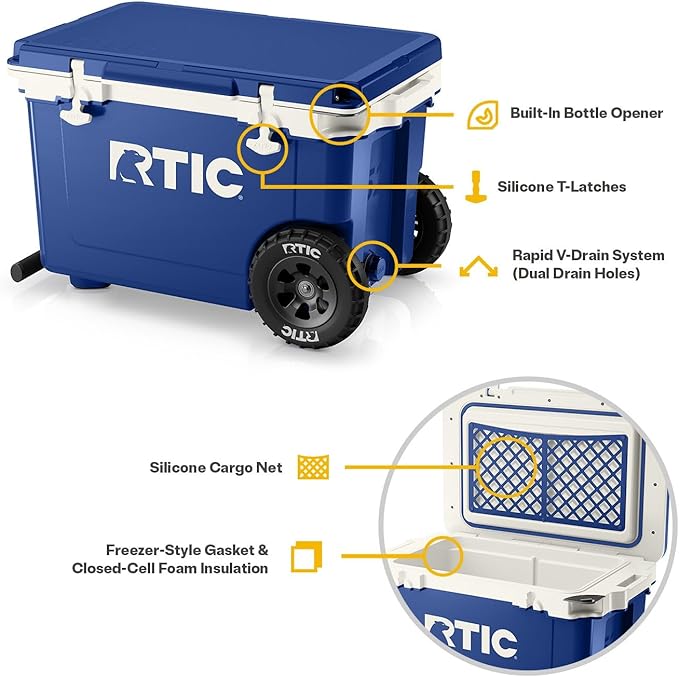 RTIC 52 Quart Ultra-Light Wheeled Hard Cooler Insulated Portable Ice Chest Box for Beach, Drink, Beverage, Camping, Picnic, Fishing, Boat, Barbecue, 30% Lighter Than Rotomolded Coolers