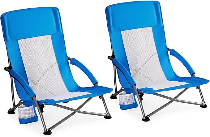 DUMOS Low Beach Chair for Adults, Lightweight Folding Beach Chair with Cup Holder, Storage Bag, Breeze Mesh Back, Padded Armrests, Compact Low Profile Chair for Camp, Picnic, Lawn, Sand