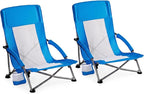 DUMOS Low Beach Chair for Adults, Lightweight Folding Beach Chair with Cup Holder, Storage Bag, Breeze Mesh Back, Padded Armrests, Compact Low Profile Chair for Camp, Picnic, Lawn, Sand