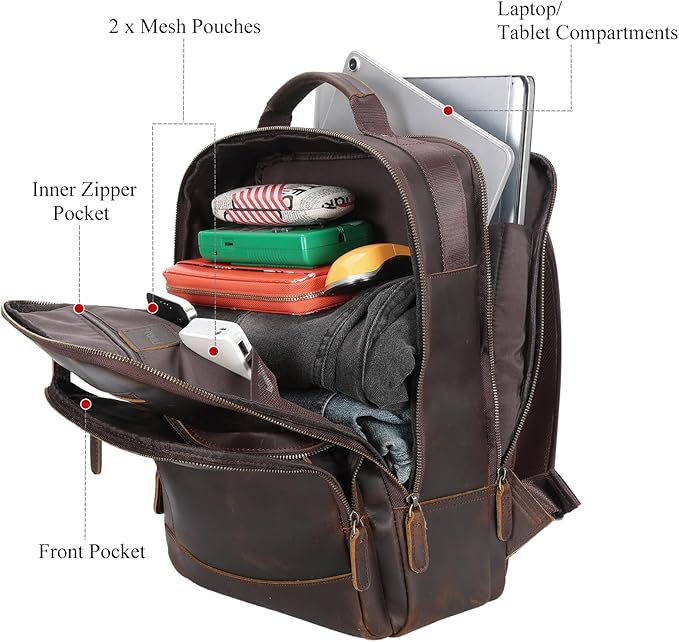 TIDING Full Grain Leather Laptop Backpack for Men, Vintage 15.6 Inch Computer Work Bag College Business Casual Daypack