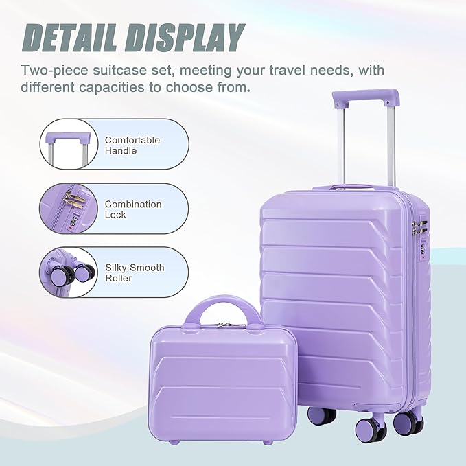 20 Inch Carry on Luggage with 14 Inch Cosmetic Case, 2 Pcs Hardshell Lightweight Durable Spinner Suitcase Set for Travel, Women, Men, TSA Lock, ABS, 20+14 Inch (Purple)