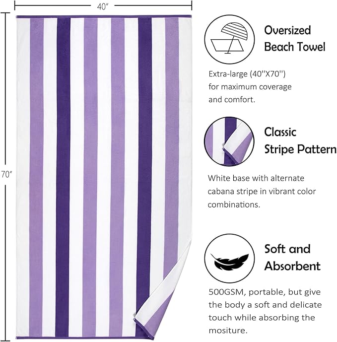 Bornbay Cotton Oversized Beach Towel - Extra Large 40"X70" Big Cute Thick Pool Towel, XL Stitch Beach Towels Striped Purple Swimming Towel for Adults Women
