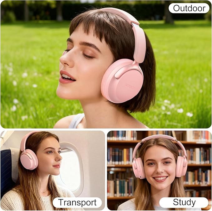 B8 Bluetooth Headphones Over Ear, 6 EQ Music Modes and 50H Playtime Deep Bass Wireless Headphones with Mic, Lightweight Folding HiFi Stereo Headset for iPad/Travel/Tablet/PC/Home Pink