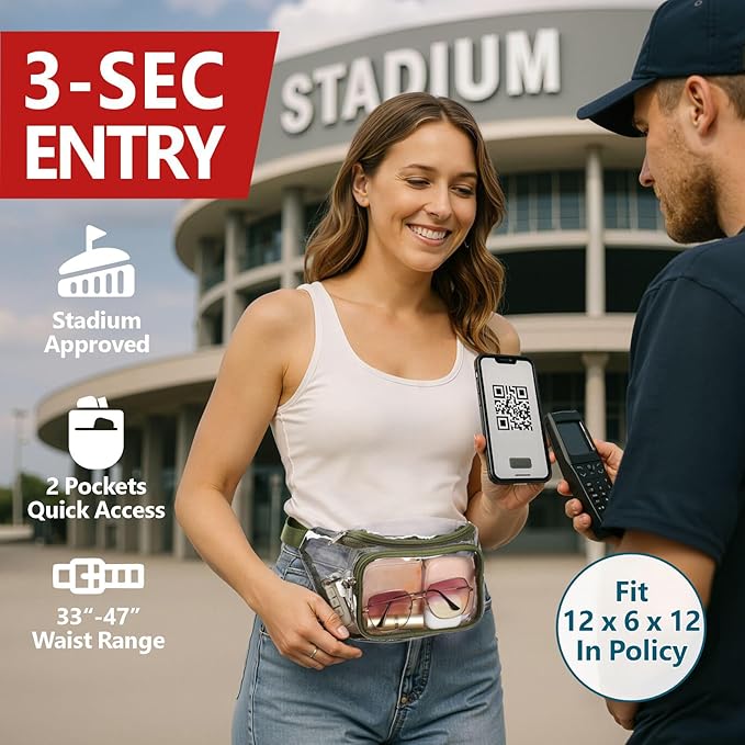 Veckle Clear Fanny Pack Stadium Approved - Adjustable 33-47 Inch Strap, Transparent Belt Bag for Women Men Fits 7.5-inch Smartphone, Waist Bag Clear Bag for Stadium Events, Sport, Concerts, Green