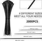 Zip Ties Assorted Sizes(4”+6”+8”+12”), 2000 Pack,Black Cable Ties,Multi-Purpose Self-Locking Nylon Cable Cord Management,Plastic Wire Ties for indoor and outdoor use.