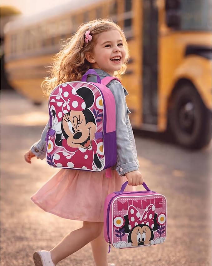 Fast Forward Disney Minnie Mouse Girls Backpack and Lunch Box Set - 2 Piece 15 Inch School Backpack With Detachable Lunch Bag, Size One Size, Minnie Mouse Pink/Purple