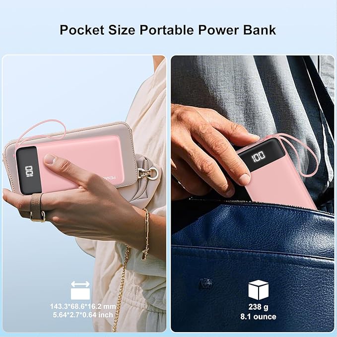 Portable Charger Built-in Cables,10000mAh Power Bank for iPhone,Fast Charge USB C Battery Pack Travel Essentials Slim Lightweight Powerbank Compatible with iPhone 17/16/15/14, Samsung, Android, etc