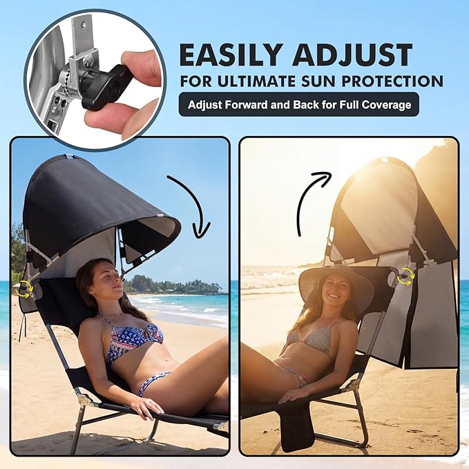 Backpack Beach Tanning Lounge Chair with Canopy Shade Face Hole Padded Adjustable Washable, 6 Position Layout Chair for Outside Sunbathing Poolside Lawn, UPF 50+ Wind-Resistant Sun Shade, Patented