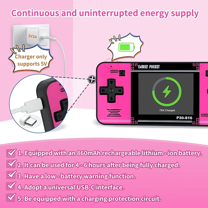 Handheld Game for Kids -Preloaded 220 Retro Video Games, Portable Gaming Player with Rechargeable Battery 3.0" LCD Screen, Mini Arcade Electronic Toy Gifts for Boys Girls (Black+Pink)
