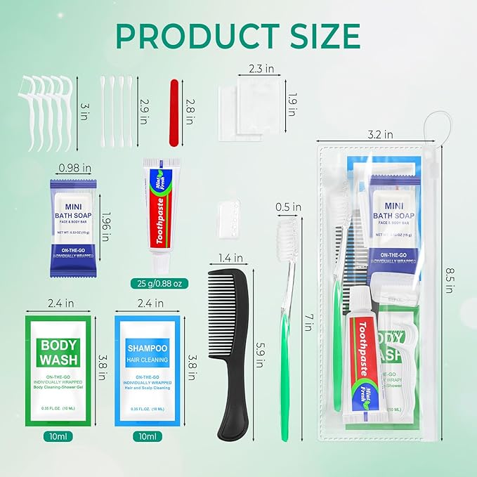 100 Sets Personal Hygiene Kit Bulk,10-IN-1 Green Individually Wrapped Disposable Travel Toothbrushes and Hotel Vanity Set Basic Toiletry Supplies for Homeless,Guests,Charity