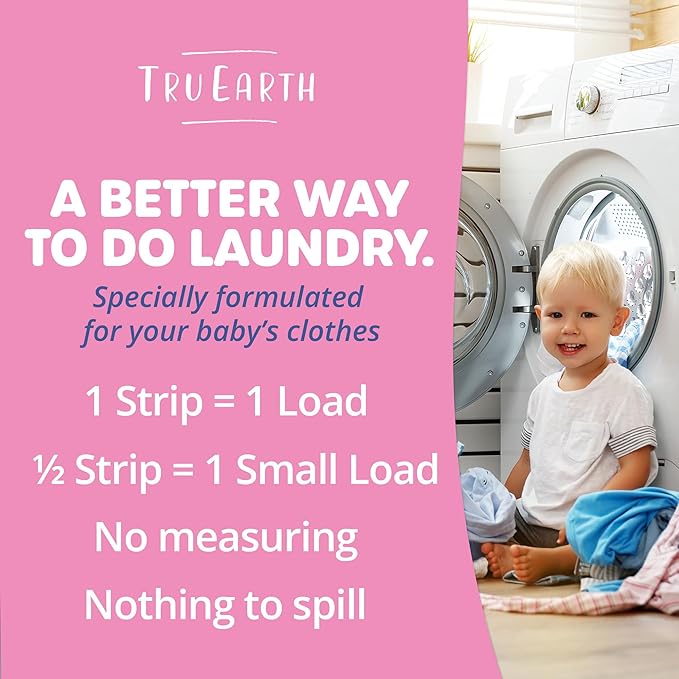 Tru Earth Hypoallergenic Baby Laundry Detergent Sheets/Eco-Strips for Sensitive Skin, 32 Count, Up to 64 Loads: Fragrance Free Detergent for Newborn, Infants, Toddlers, Children, Baby Clothes