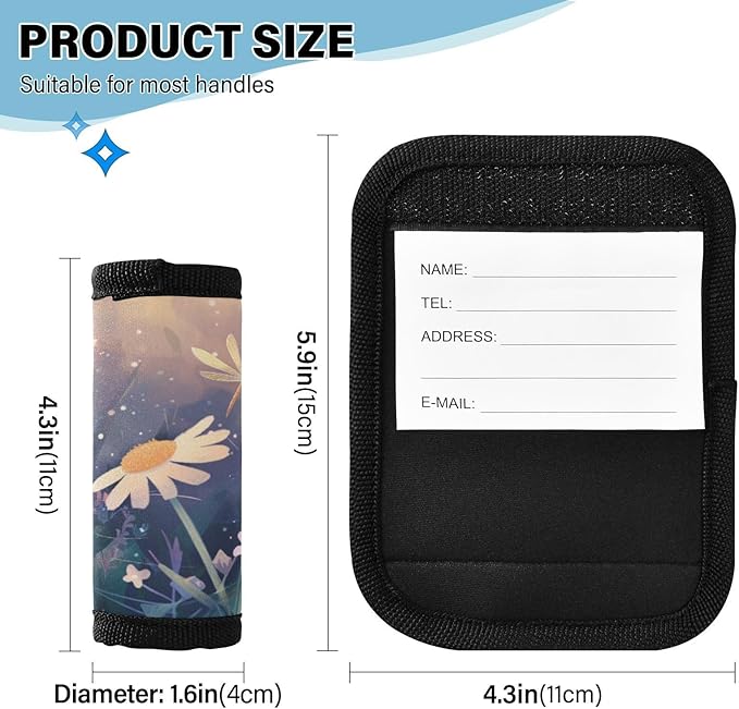 4Pcs Luggage Handle Wrap Suitcase Identifier Handle Covers Tags Soft Travel Bags Luggage Handle Gripper Accessories for Airplane Flying Dragonfly and Daisy