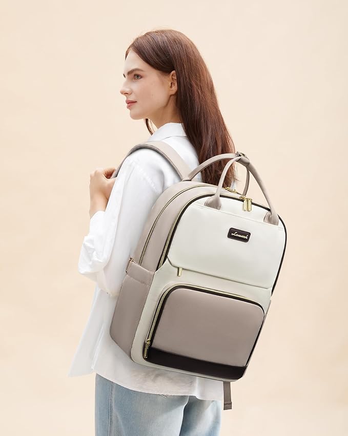 LOVEVOOK Laptop Backpack for Women with Giant Tumbler Holder Pocket, 15.6 inch Travel Work Backpack Purse for Teacher Nurse, Waterproof College Book Bag Cute Casual Daypack, Beige-Nude