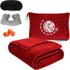 Travel Blanket and Pillow Compact – 4-in-1 Soft Fleece Airplane Blanket with Bag Pillowcase, Neck Pillow, Eye Mask & Earplugs, Lightweight Portable Flight Blanket 60"x43" (Red)