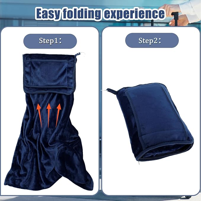Travel Blanket, 2 in 1 Soft Flannel Airplane Blanket Warm Travel Blanket Pillow with Luggage Strap and Buckle, Portable Compact Flight Blanket for Cars Airplanes Camping 63x39 Inch (Navy)