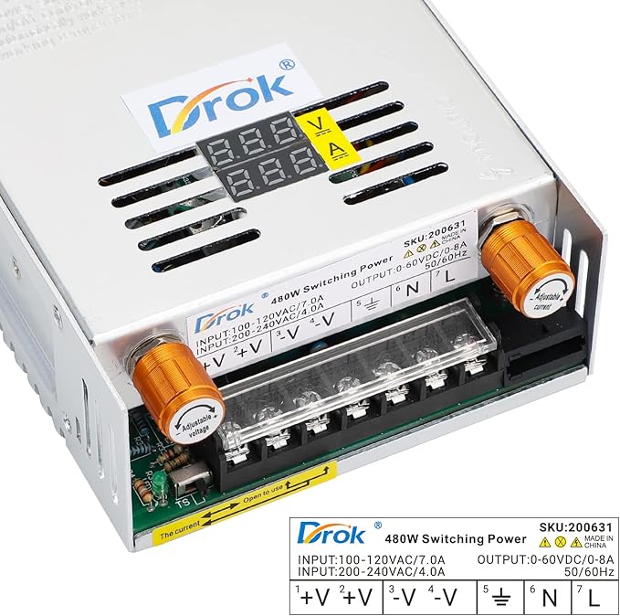 DROK 60V Power Supply, AC 110V 220V to DC 0-60V 0-8A 480W Buck Converter, Amp Adjustable Adapter Regulated 12V 24V 36V 48V 60Volt Switching Voltage LED Transformer Charger for Computer CCTV Lab