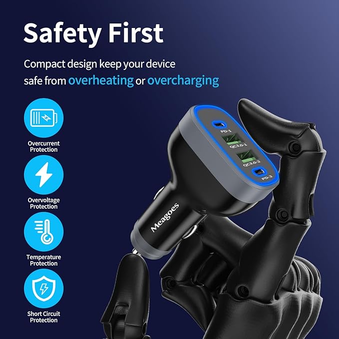 USB C Car Charger, Meagoes 4 Ports 90W Super Fast Charging, Dual 45W USBC & QC3.0 USB 12V Cigarette Lighter Adapter for iPhone 17 Air 16 15 iPad Tablet Google, Samsung S26 Android Type C Cell Phone