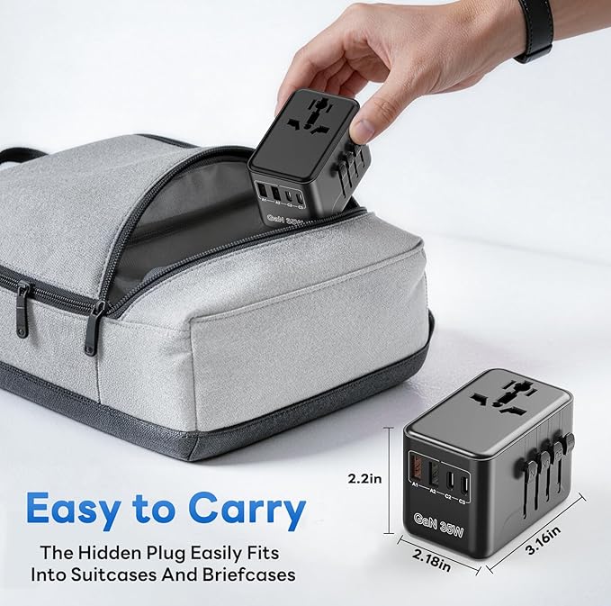 Universal Travel Adapter - 6 in 1 International Plug Adapter with Fuse Auto-Resetting, USB-C PD Fast Charging Worldwide Power Outlet for USA to European UK AUS India, Type C/G/D/I/A, Black