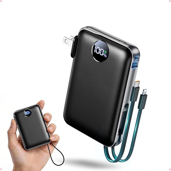 Portable Charger with Built-in Cables & Wall Plug, 10000mAh Power Bank, 4 Outputs 22.5W USB C Fast Charging, Mini Travel Essentials Battery Pack with LED Display for iPhone/iPad/Samsung etc Black
