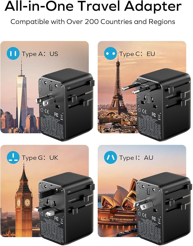 MOMAX 70W Universal Travel Adapter, 6-in-1 International Power Adapter with USB-C Retractable Cable, Dual-AC Plug Adapter PD Fast Charging Worldwide Wall Charger for US/UK/EU and Over 200 Countries