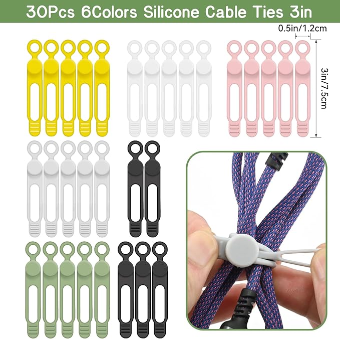 30Pcs Silicone Cord Ties for Electronics 3in Reusable Cable Organizer for Charging Cables, Electrical Cords, Computer Wires USB Data Cables 6Colors