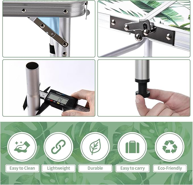 Folding Camping Table 2ft Portable Pinic Table Adjustable Height Small Card Table Aluminum Foldable Lightweight with Carry Handle for Outdoor Indoor Hiking Camp BBQ Beach (Monstera Palm Leaves)