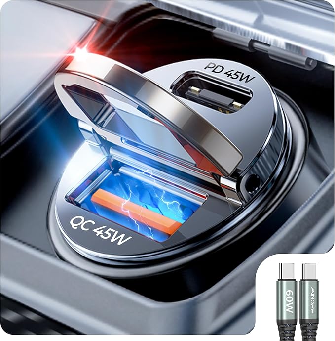 AINOPE 90W for iPhone 17/16/15 Pro Max Car Charger USB C Fast Chage, [Mini&Metal] Invisible Cigarette Lighter Adapter with 3FT USB C to C Cable, Car Accessories for Mother Him Her, Adapter for iPhone