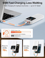 Laptop Power Bank, 24000mAh 65W Fast Charging Portable Charger with Built-in Cable, USB C Battery Pack with LED Display, Travel Essential External Battery Bank for Macbook/Notebook/Tablet/Phone White
