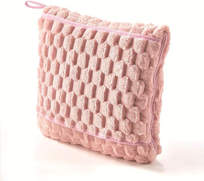 Premium Soft 4-in-1 Travel Blanket and Pillow for Airplane, Kids and Adults, Lumbar Cushion with Hand Luggage Sleeve, Great Gift for Holidays and Birthdays (Pink)