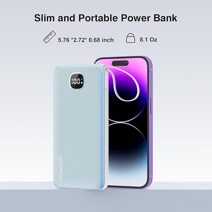 penaover Portable Charger with Built-in Cables&AC Wall Plug,Slim 10000mAh 22.5W Fast Charging Power Bank,5 Output 2 Input USB-C External Battery Pack Compatible with iPhones,Samsung,Android, etc