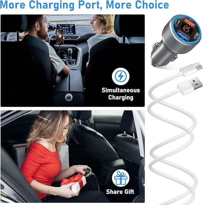 USB C Car Charger, 65W 4-Port 12V USB Car Power Cigarette Lighter Adapter with Voltage Display QC/PD 3.0 Super Fast Charge Type C Car Charger for iPhone 17 16e 15 Pro Max Air Pad Pro+4 Pack C Cords