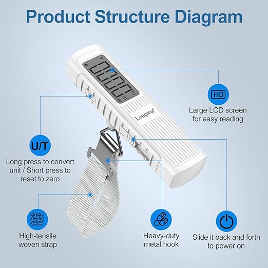 Battery-Free Digital Luggage Scale, 110lbs/50kg Portable Handheld Hanging Scale for Luggages, Suitcases, Backpacks & Bags, Easy Weighing for Travel, No Need Batteries (White)