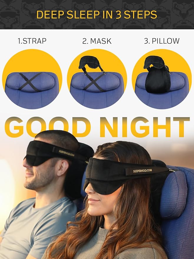 Sleeper Hold Travel Pillow - Real Sleeping Experience on Long Flights - Head Strap with Eye Mask - Super-Soft, Lightweight, Easy-to-Carry, and Machine-Washable Airplane Pillow