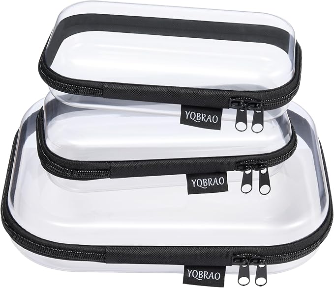 YQBRAO 3-Pack Clear Hard Shell Zipper Case Black, 1.2mm Heavy-Duty Crush-Proof Travel Makeup Bag, TSA Approved Clear Zipper Pouches, Rigid Toiletry & Diaper Bag Organizer for Tech, Toys & Art Supplies