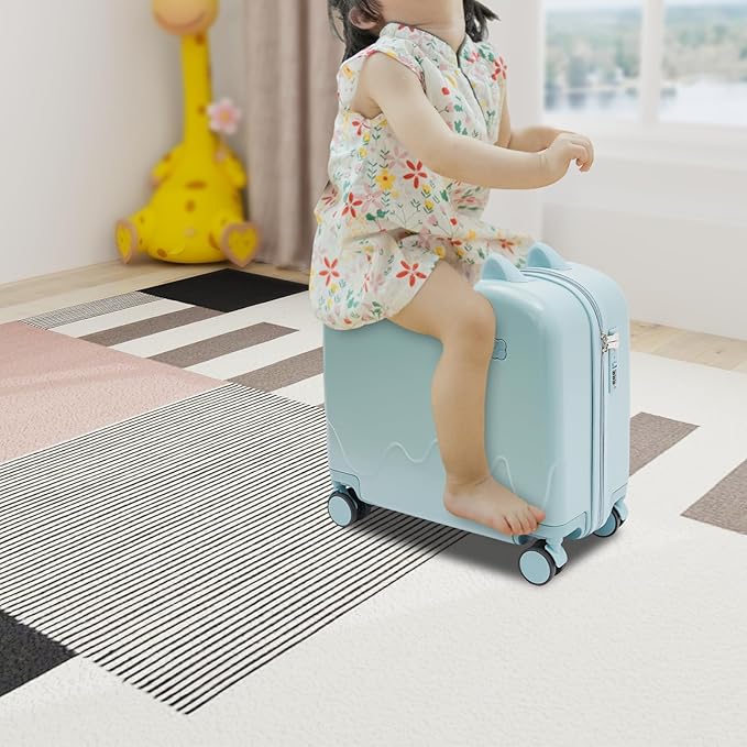 18" Kids Ride-On Suitcase,Children's Carry On Luggage Case,Rolling Luggage With Lock,Travel Trolley Case for Short Trips,School Trips,Outings (Sky blue)