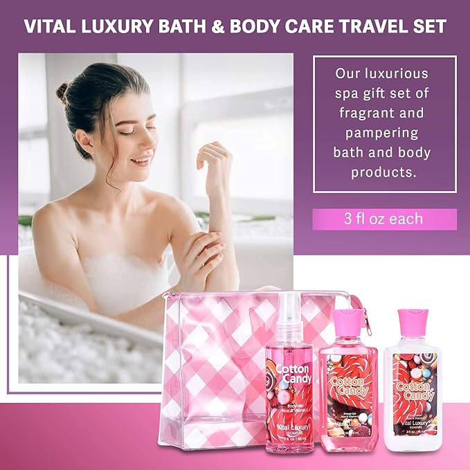 Cotton Candy Bath & Body Travel Kit, 3 Fl Oz, Ideal Skincare Gift Home Spa Set, Includes Shower Gel, Body Lotion and Fragrance Mist, Birthday Mother's Valentine's Day Gifts for Her