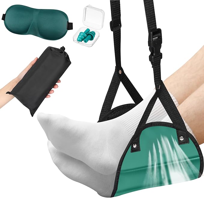 Yerliker Airplane Foot Hammock(Memory Foam) with Earplugs and Eye Mask Travel Necessities Adjustable Airplane Desk Foot Rest for Long Trip Pain and Swelling Relief(Green)