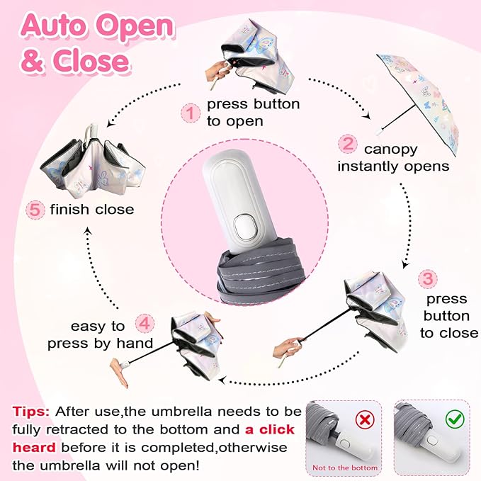 Kids Folding Umbrella Auto Open/Close Umbrellas for Rain Round Corner Safe Design UV Resistant Automatic Children Travel Umbrellas Reinforced Canopy 360° Reflective Strip Lightweight for Girls & Boys