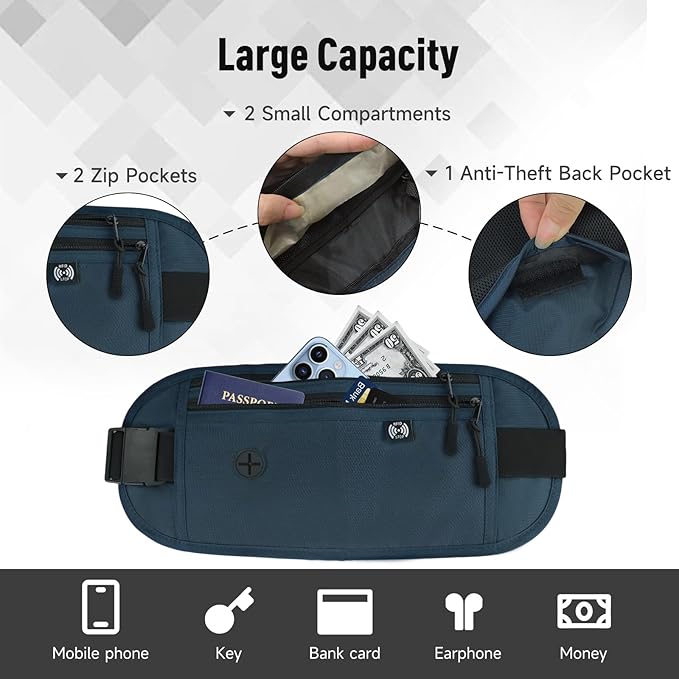 FuninCrea Waterproof Hidden Money Belt for Travel, Anti-Theft Belt Bag with RFID Blocking Function Adjustable Slim Waist Bag with 2 Zipper Pockets and 1 Back Pocket for Men and Women (Style l, Blue)